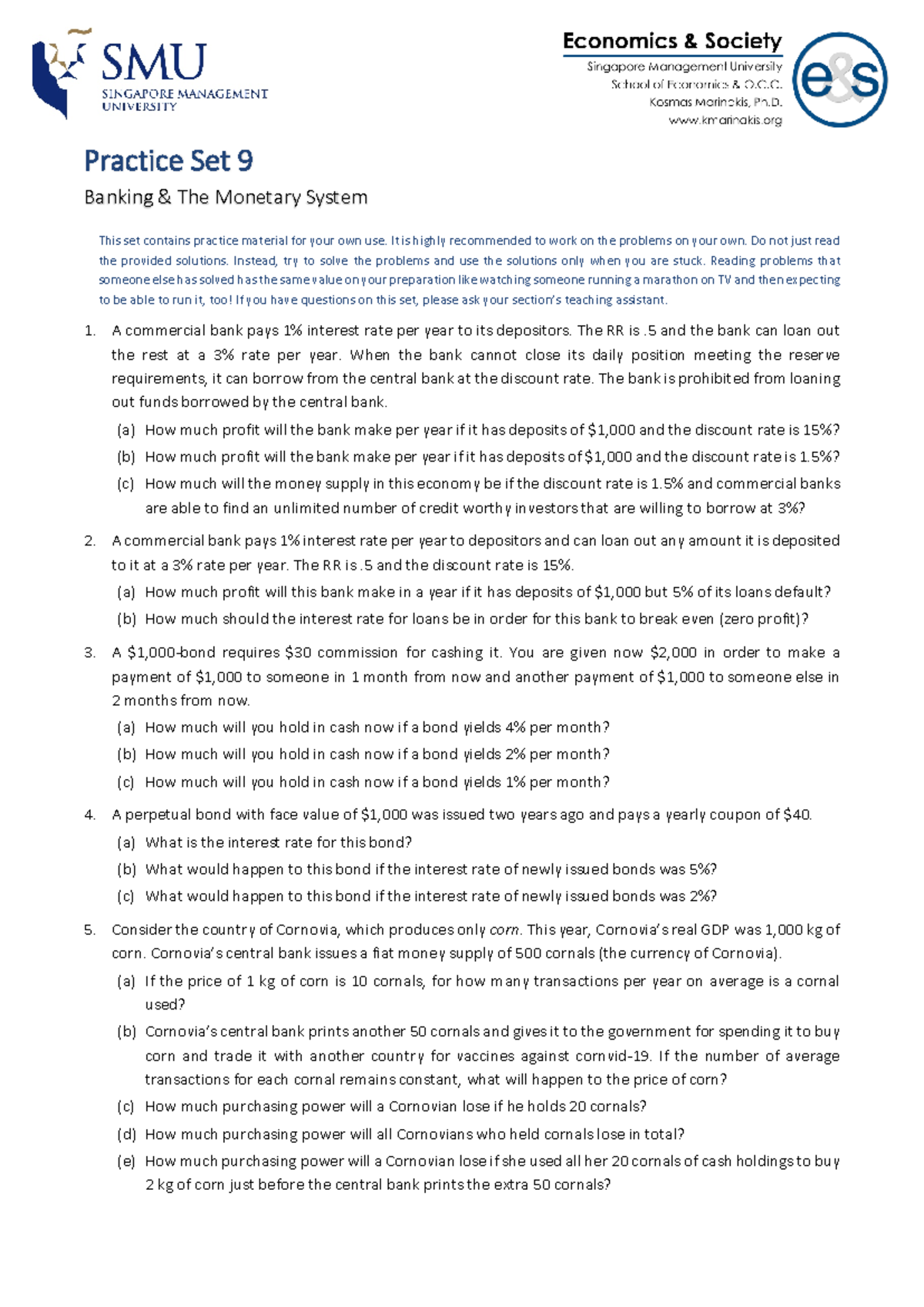 Practice Set 09: Exploring Banking & Monetary System Concepts - Studocu