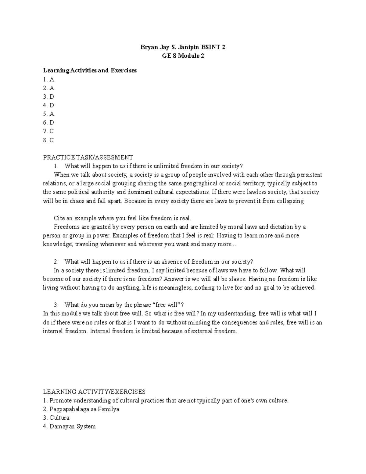 Module 2 GE8 - Answers to Learning Activities and Assessments - Studocu