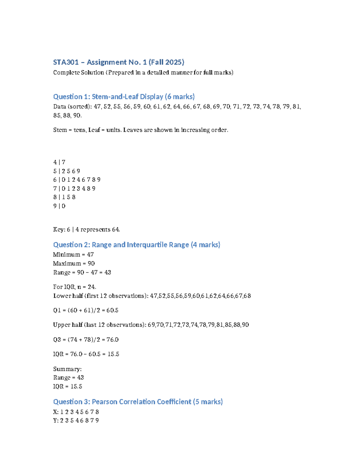 Sta301 Assignment No 1 Fall 2025 Detailed Solutions Studocu