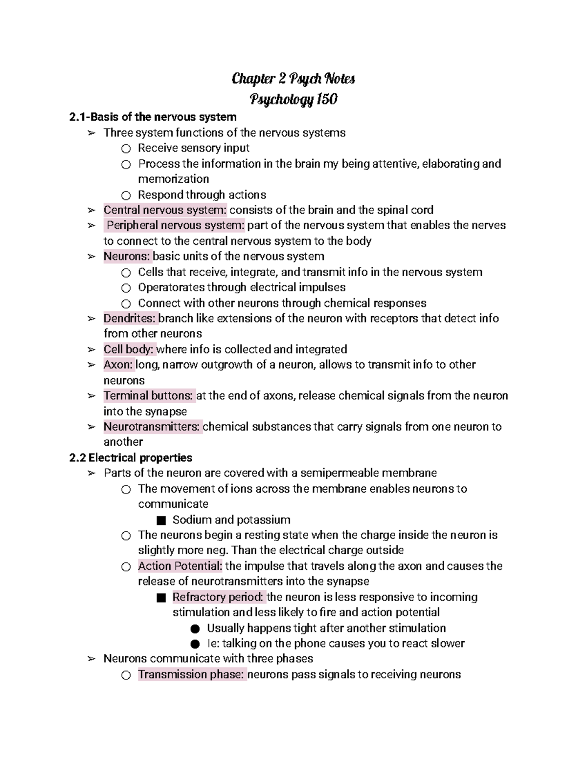 Psych 150 Chapter 2: Nervous System & Brain Function Notes - Studocu