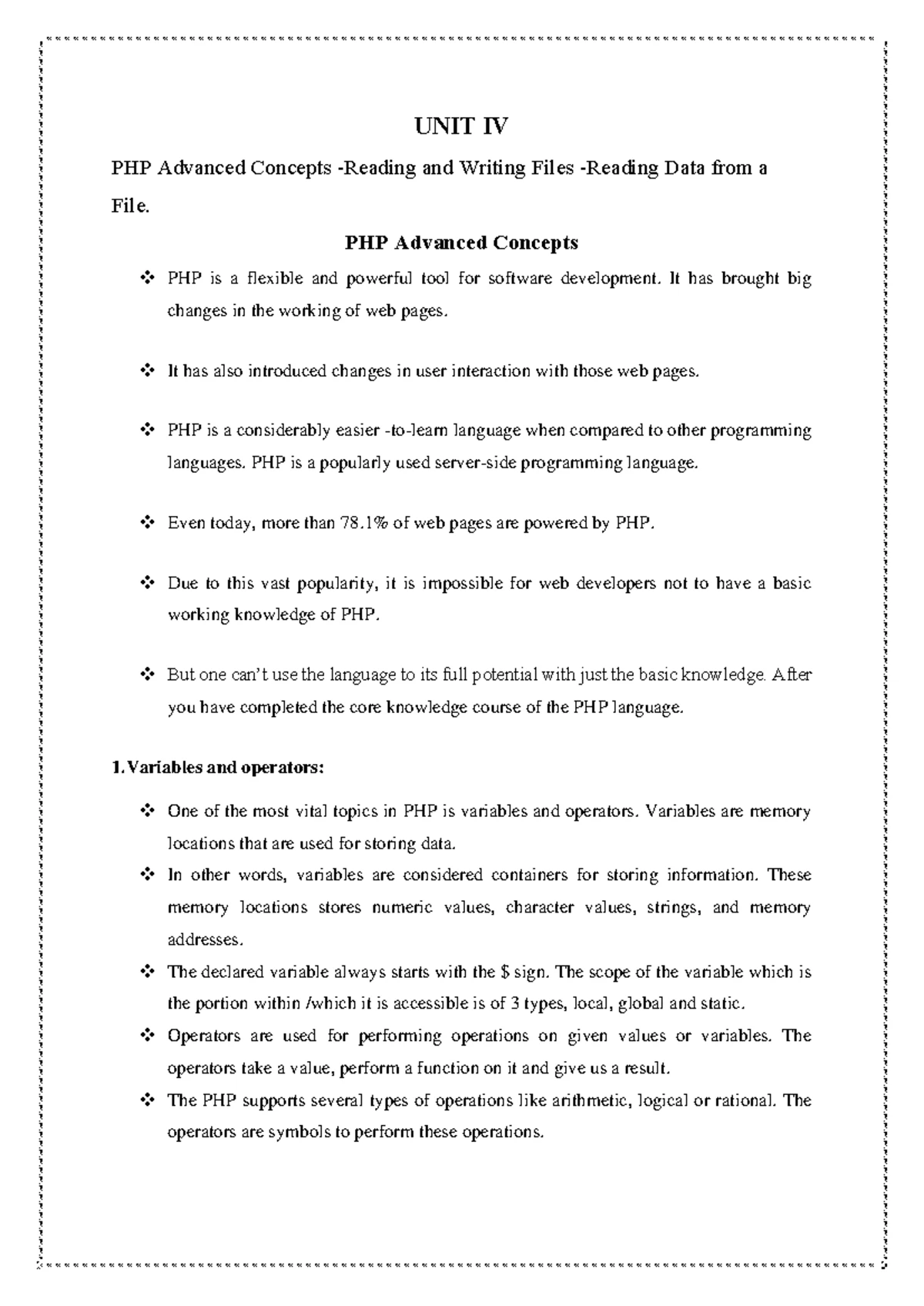 PHP UNIT 3 - Switch, Loops, and Functions: Comprehensive Notes - Studocu