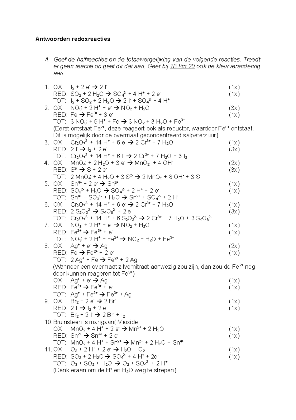 Redoxreacties Antwoorden en Halfreacties Model (Chem 101) - Studeersnel
