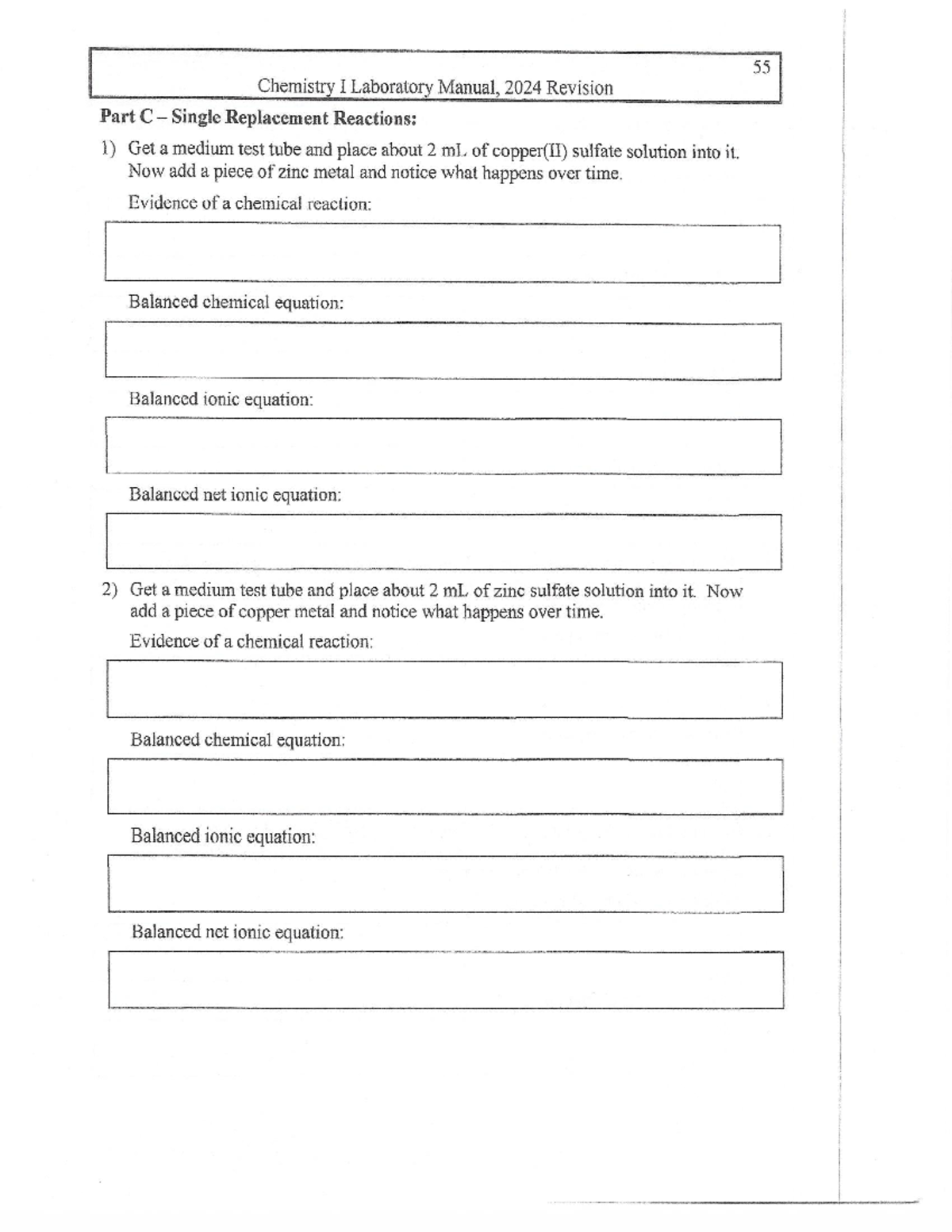 55-56 Chemistry I Lab Manual: Pre-Lab on Single Replacement Reactions ...