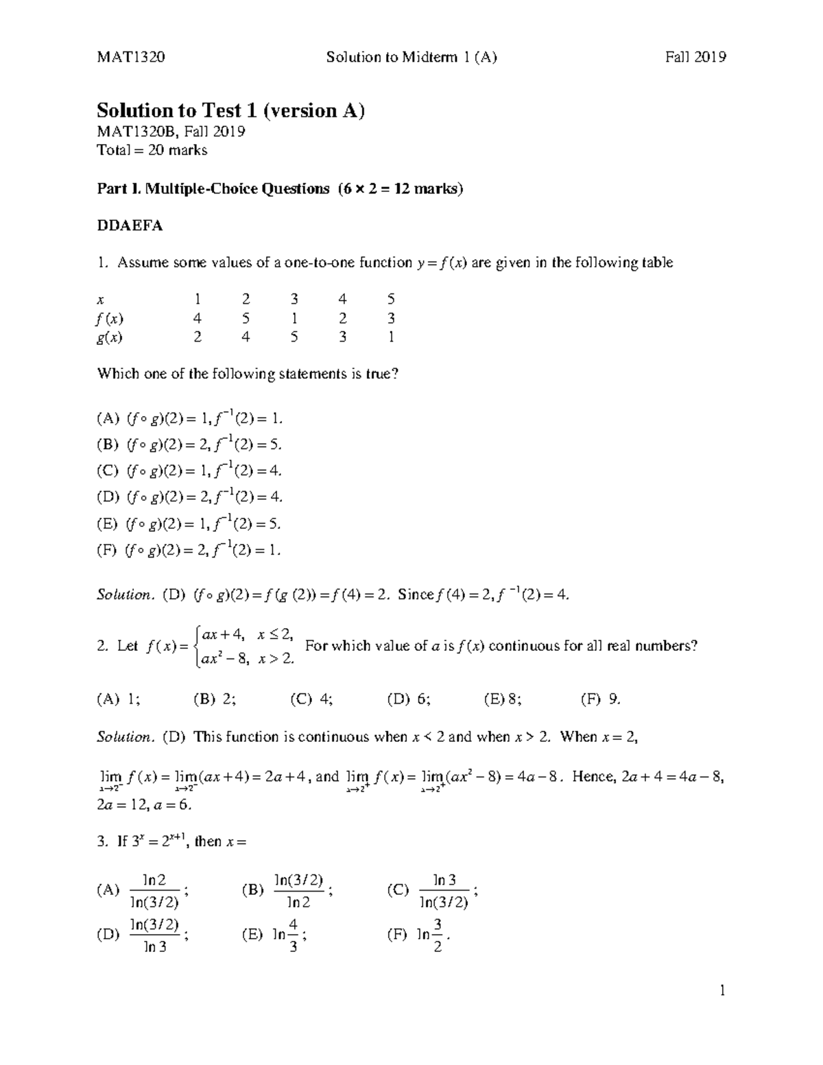 Exam 10 October 2019, questions and answers - MAT1320 Solution to ...