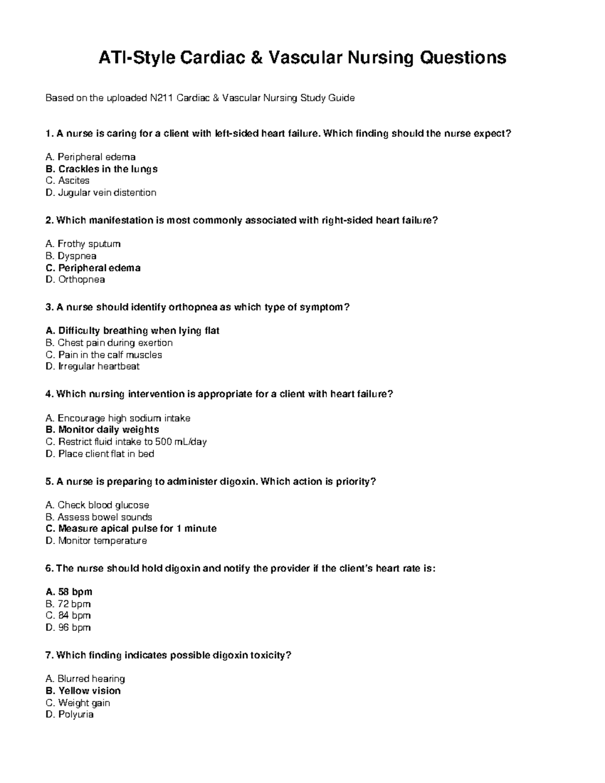 N211 Cardiac Vascular Nursing Quiz Questions and Answers - Studocu
