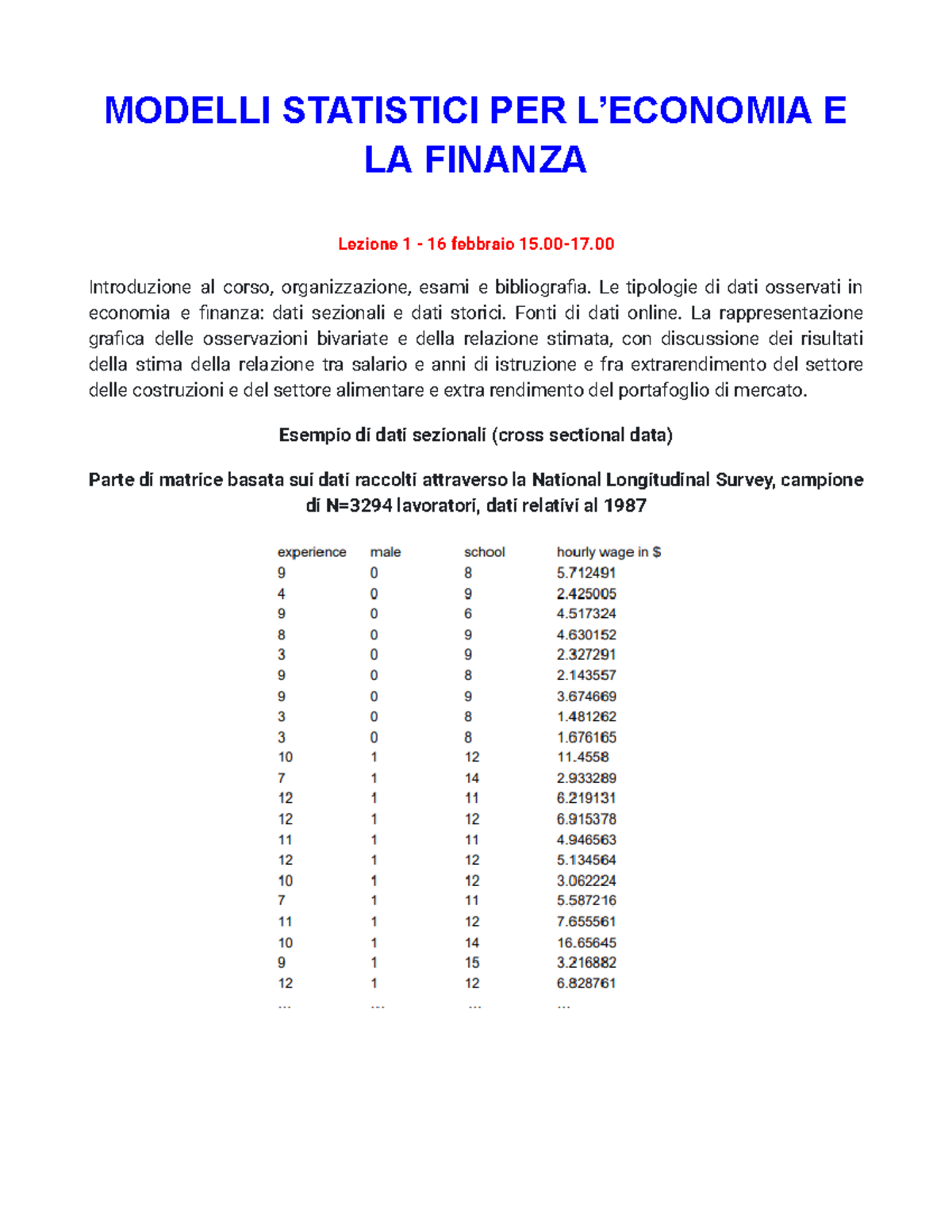 Modelli Statistici per la Finanza - Lezione 1: Introduzione e Dati ...
