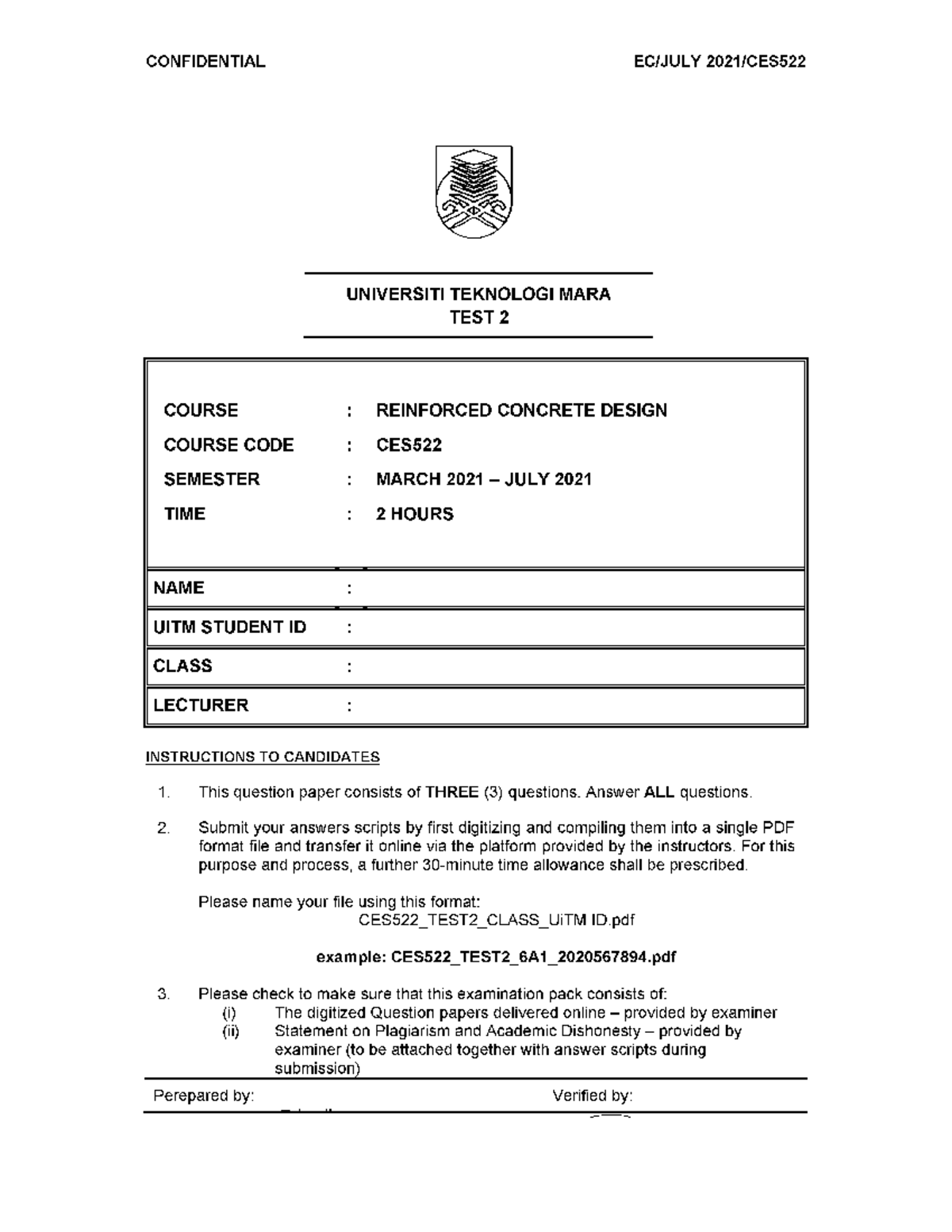 CES522 JULY 2021 EXAM PAPER - UNIVERSITI TEKNOLOGI MARA TEST 2 COURSE ...