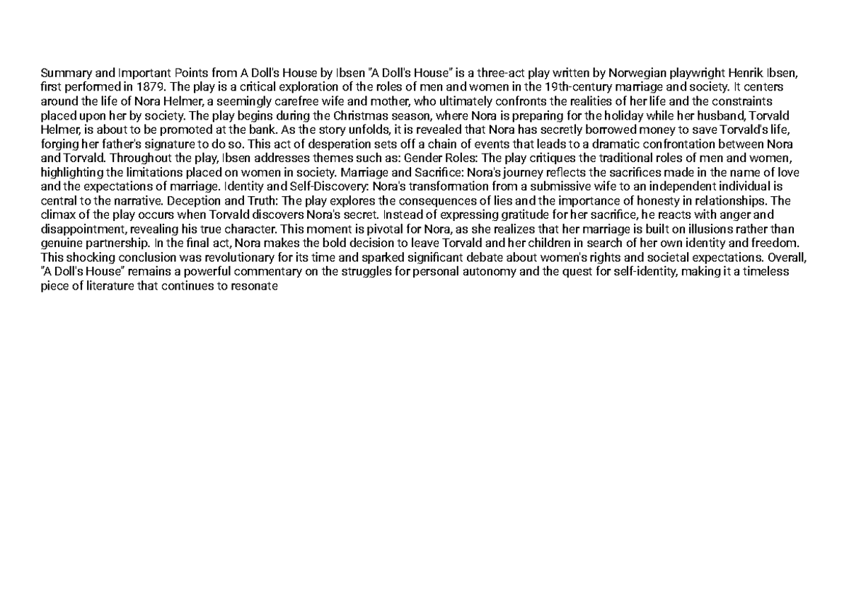 A Doll's House summary and key themes analysis - Studocu