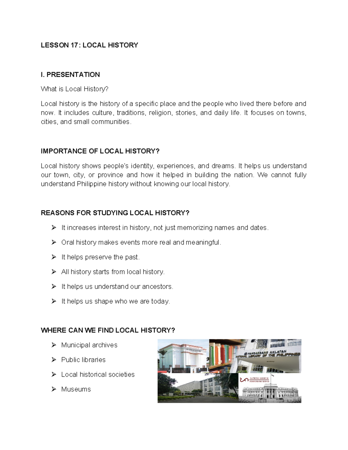 LESSON 17: LOCAL HISTORY I - UNDERSTANDING PHILIPPINE HERITAGE - Studocu