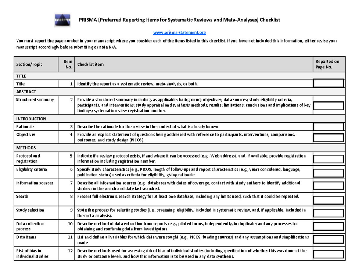 ISSM PRISMA Checklist for Systematic Reviews and Reporting - Studocu
