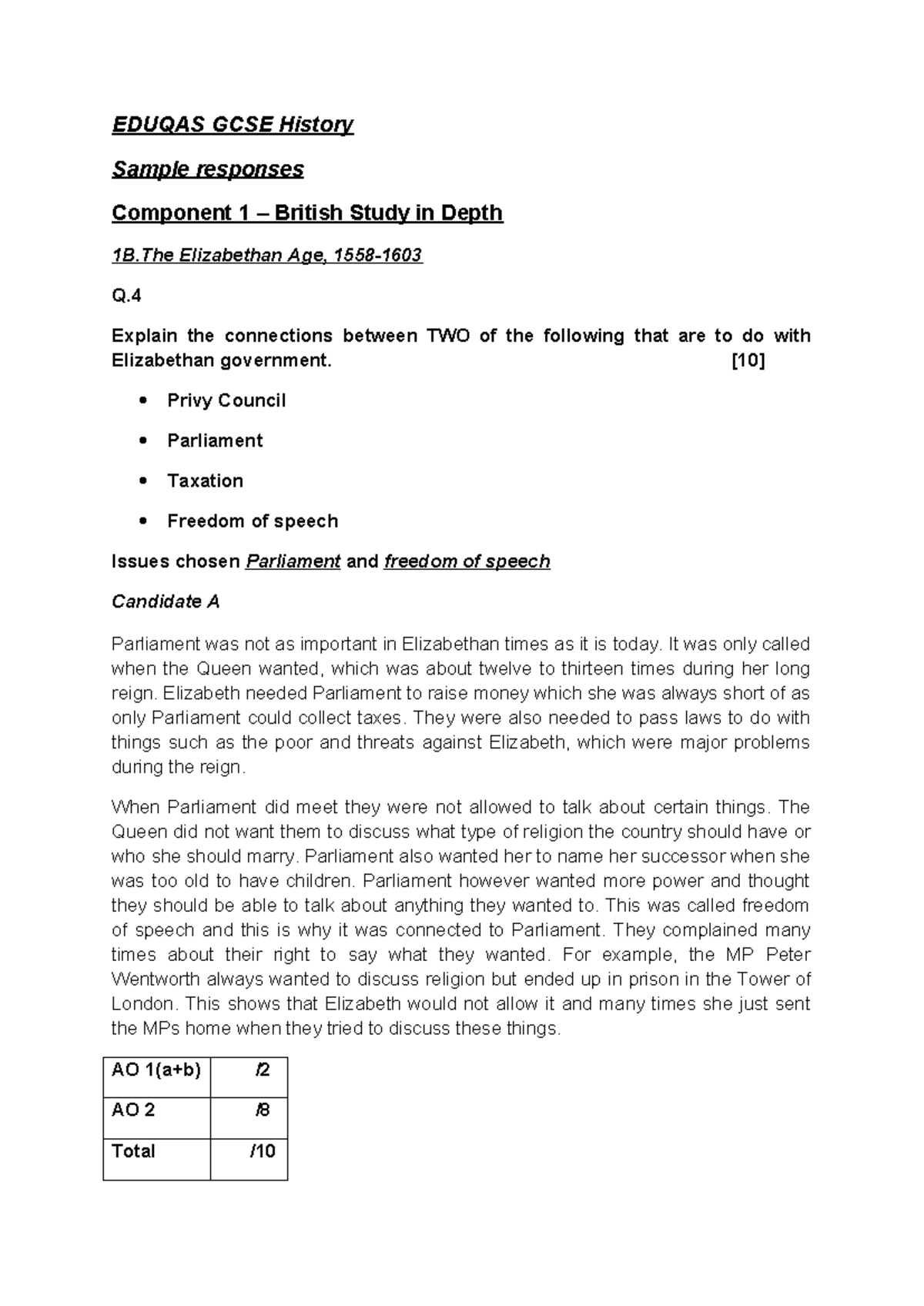 Eduqas GCSE History Sample Responses: Component 1B - The Elizabethan ...