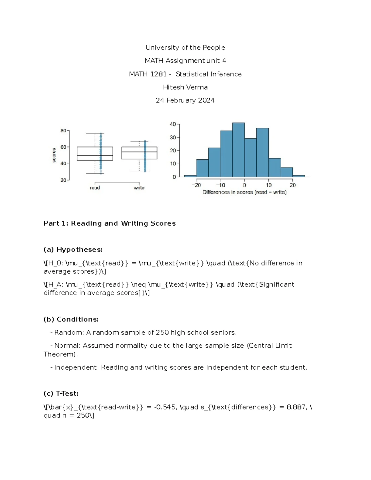 MATH 1281 - Unit 1 Assignment: Statistical Interference Analysis - Studocu
