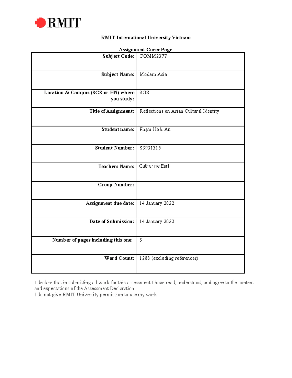 Modern Asia Individual Self Evaluation Template Updated - RMIT ...