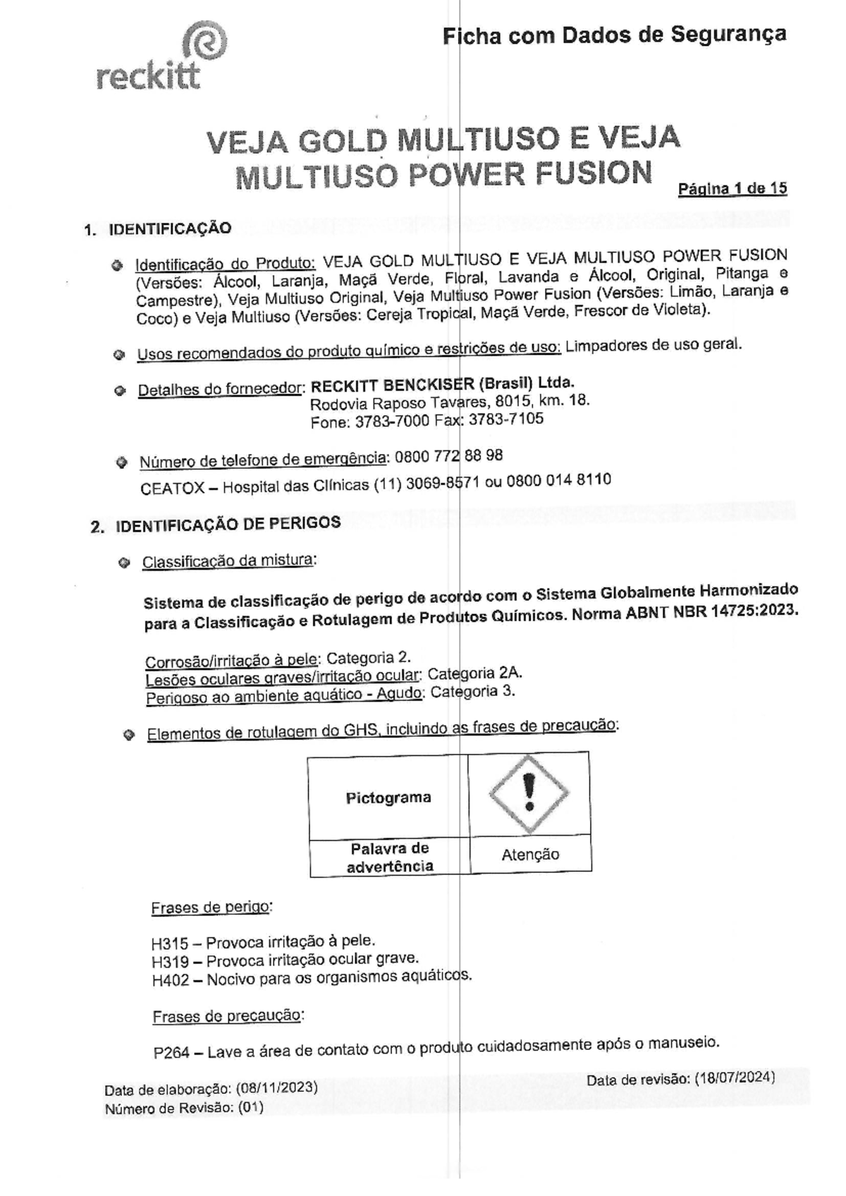 FDSR VEJA Multiuso: Segurança e Manuseio de Produtos Químicos - Studocu