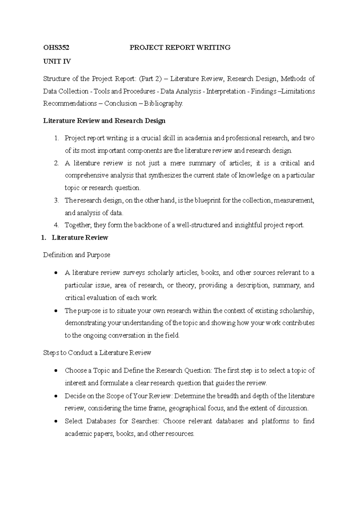 Unit 3 AND 4 Structure of the Project Report: (Part 1) AND Structure of ...