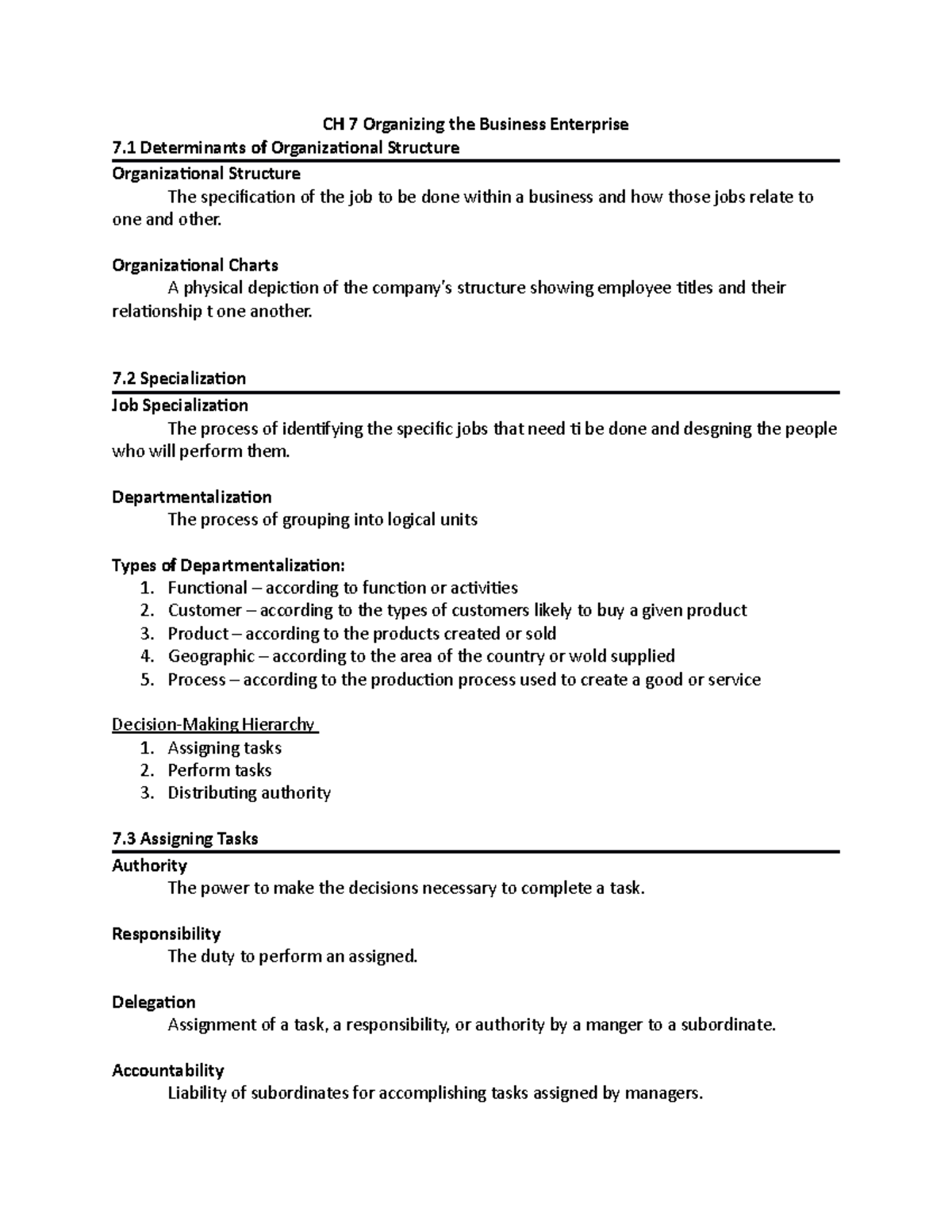 Chapter 7 Notes - Organizational Structures in Business 1000 - Studocu