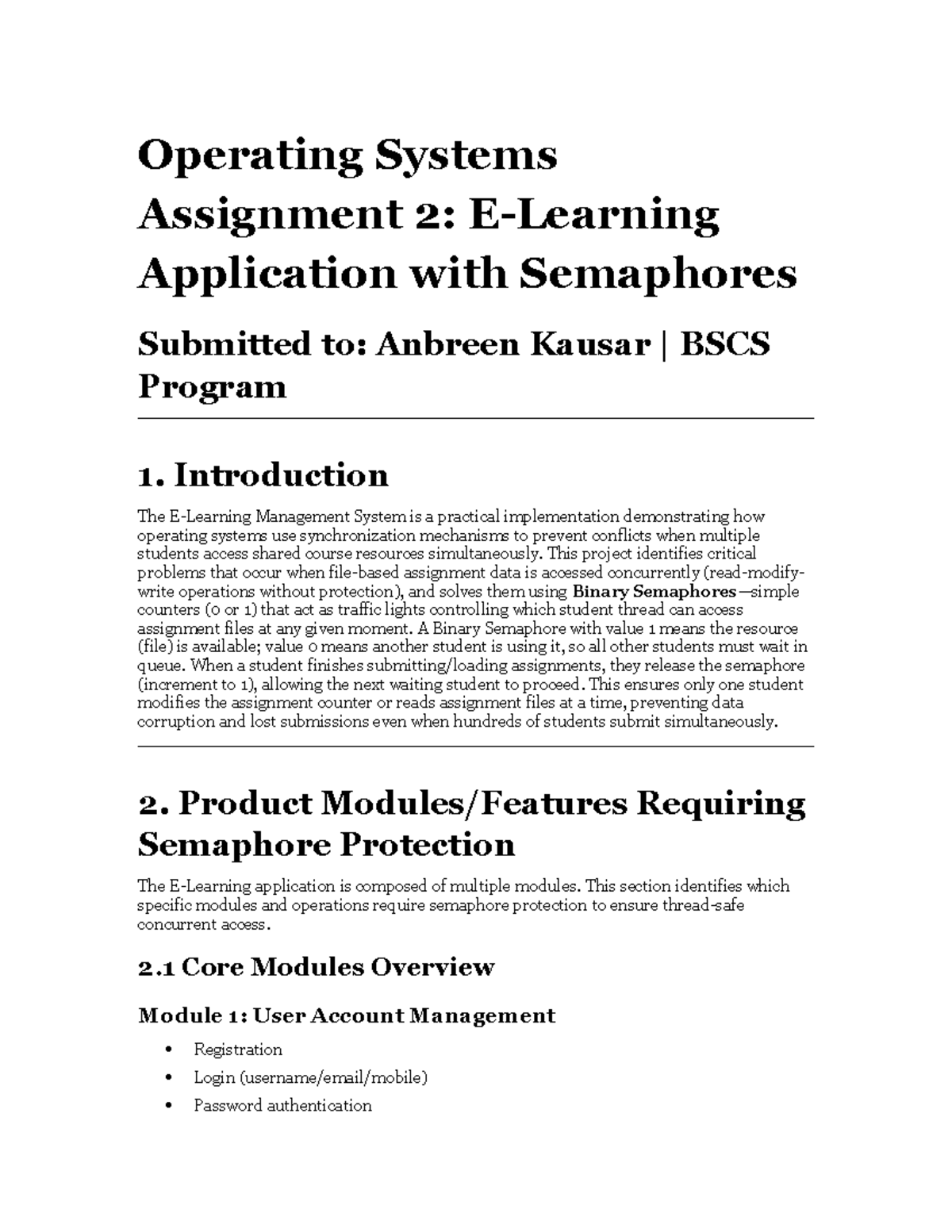 E-Learning BSCS OS Assignment 2: Semaphore Application Report - Studocu