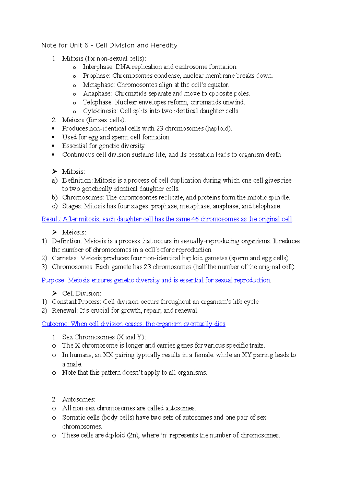 Unit 6 Notes: Mitosis, Meiosis, and Heredity Concepts Explained - Studocu