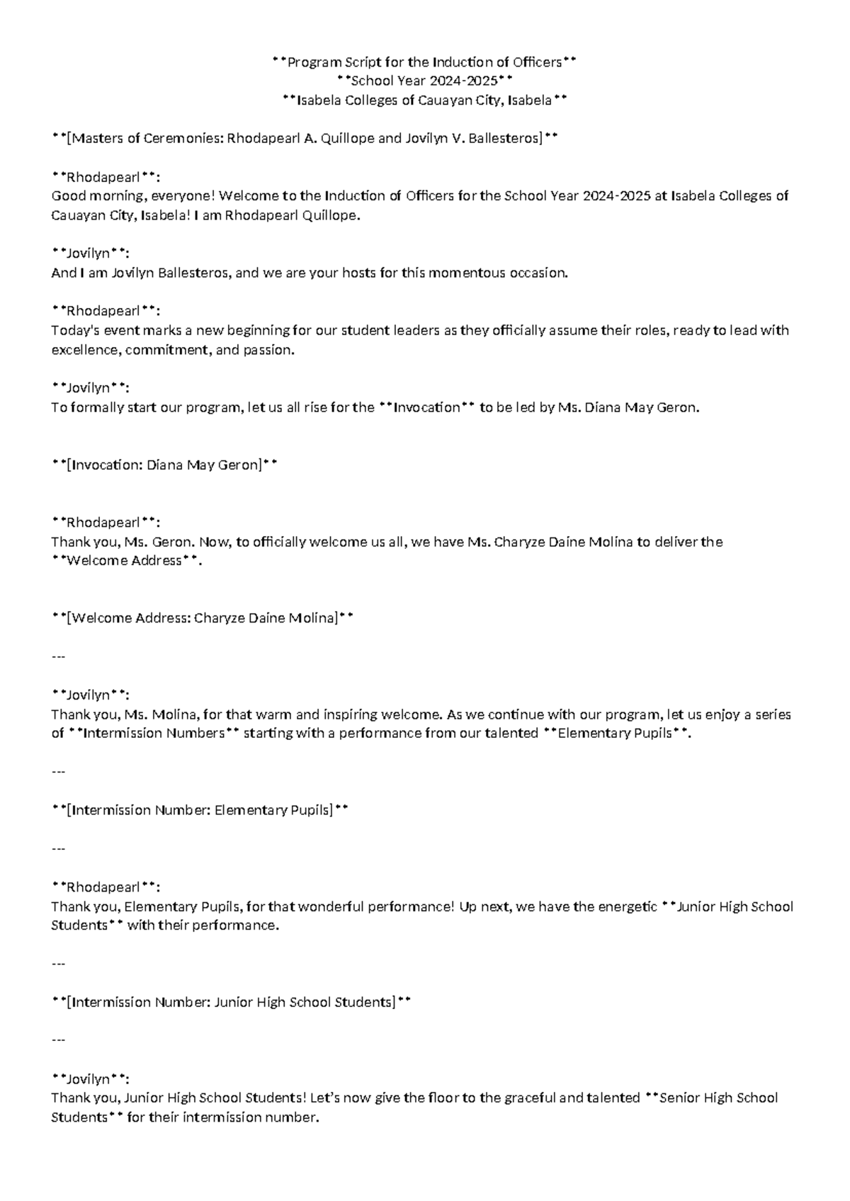 Program Script for the Induction of Officers - Quillope and Jovilyn V ...