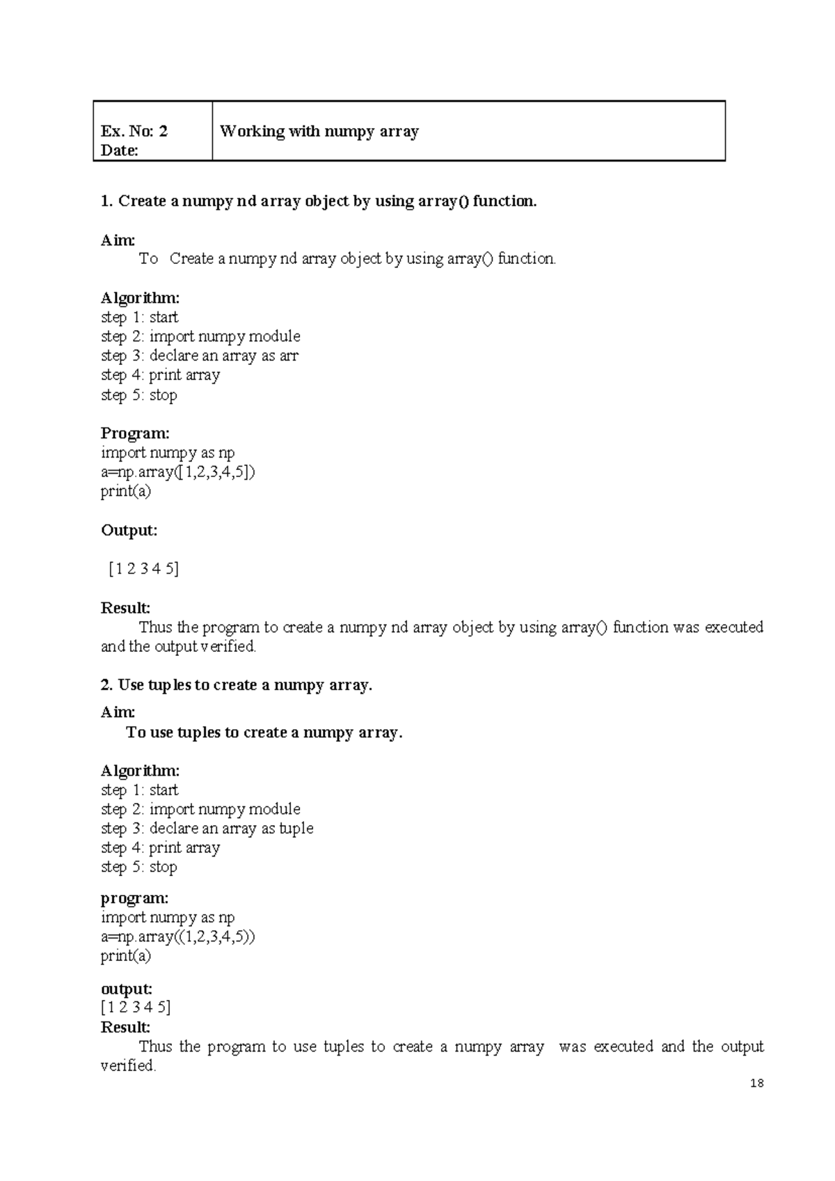 Cs3365 Data Science Lab Manual: Working with NumPy Arrays - Studocu