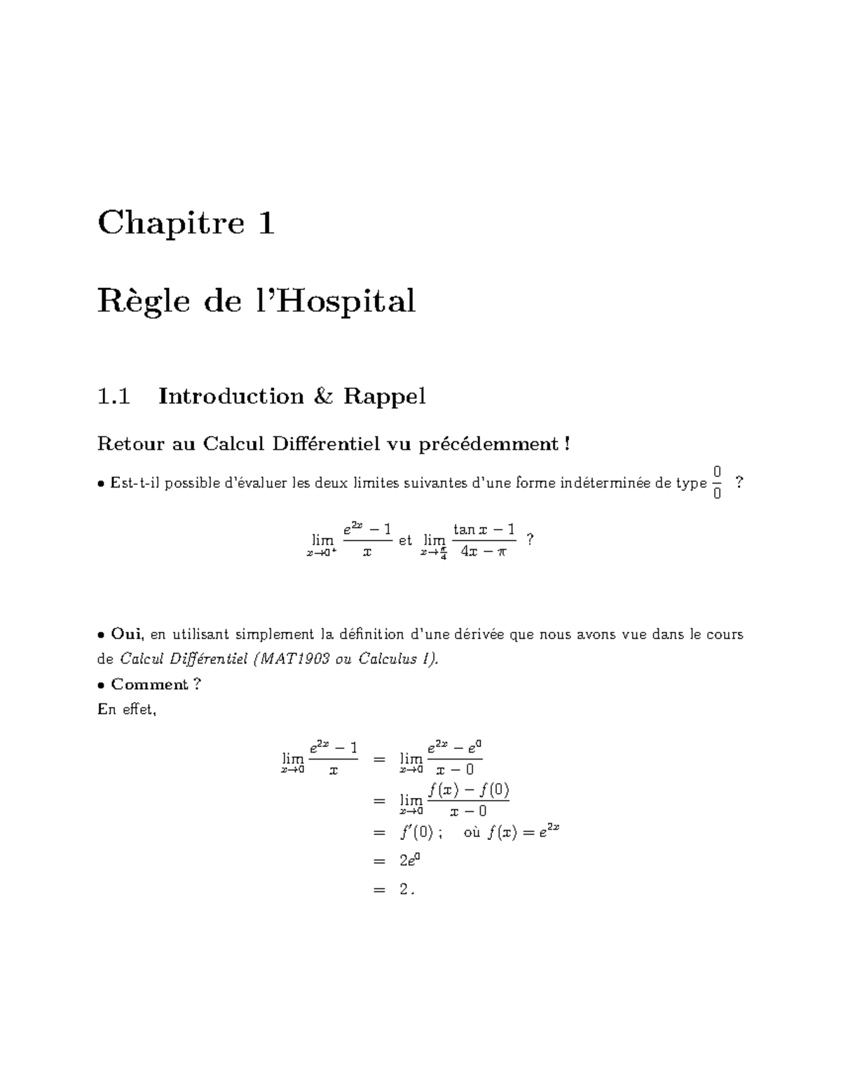 Chapitre 1 Règle de l'Hôpital dans le Calcul Différentiel (MAT1903 — free download