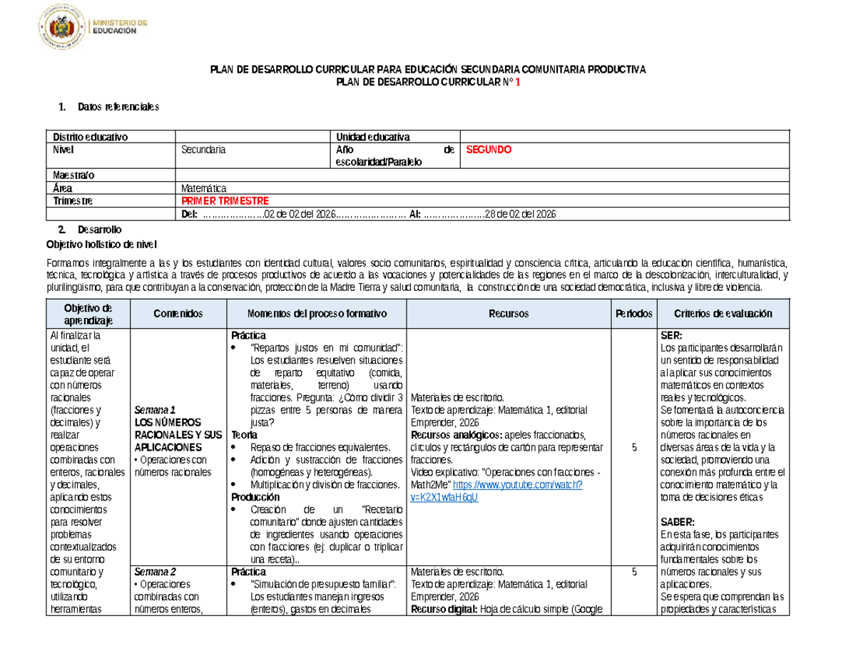 2DO PDC Matemática 2026: Desarrollo Curricular y Aprendizaje de Números ...