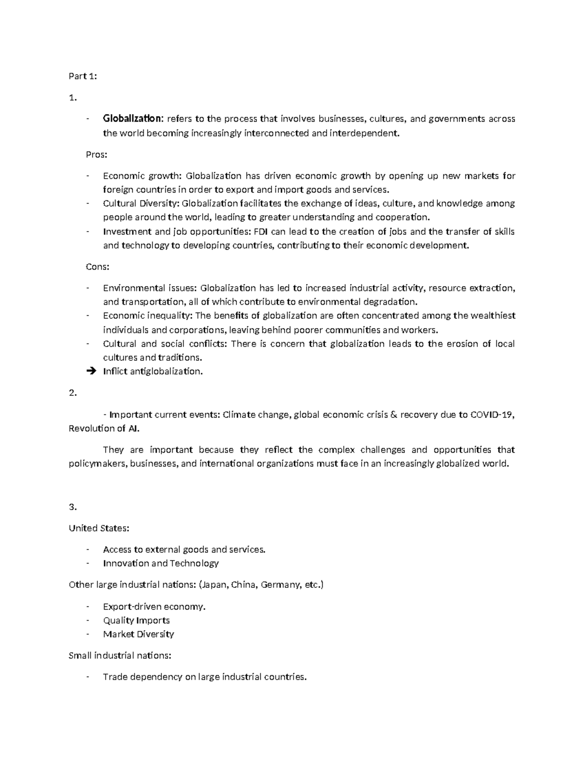 Review lesson 1 - Part 1: 1. Globalization: refers to the process that ...