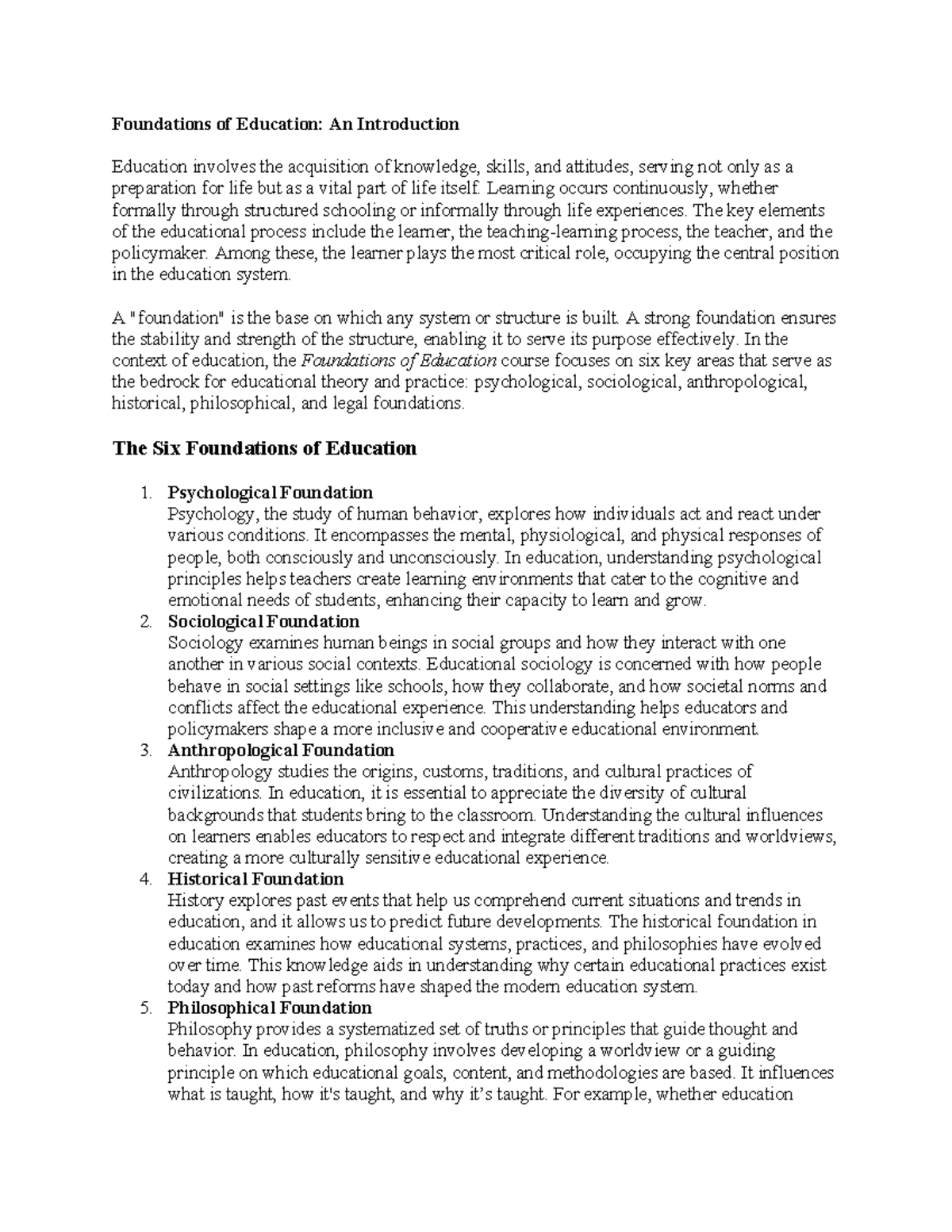 Foundations of Education - An Introduction to Key Pillars - Studocu