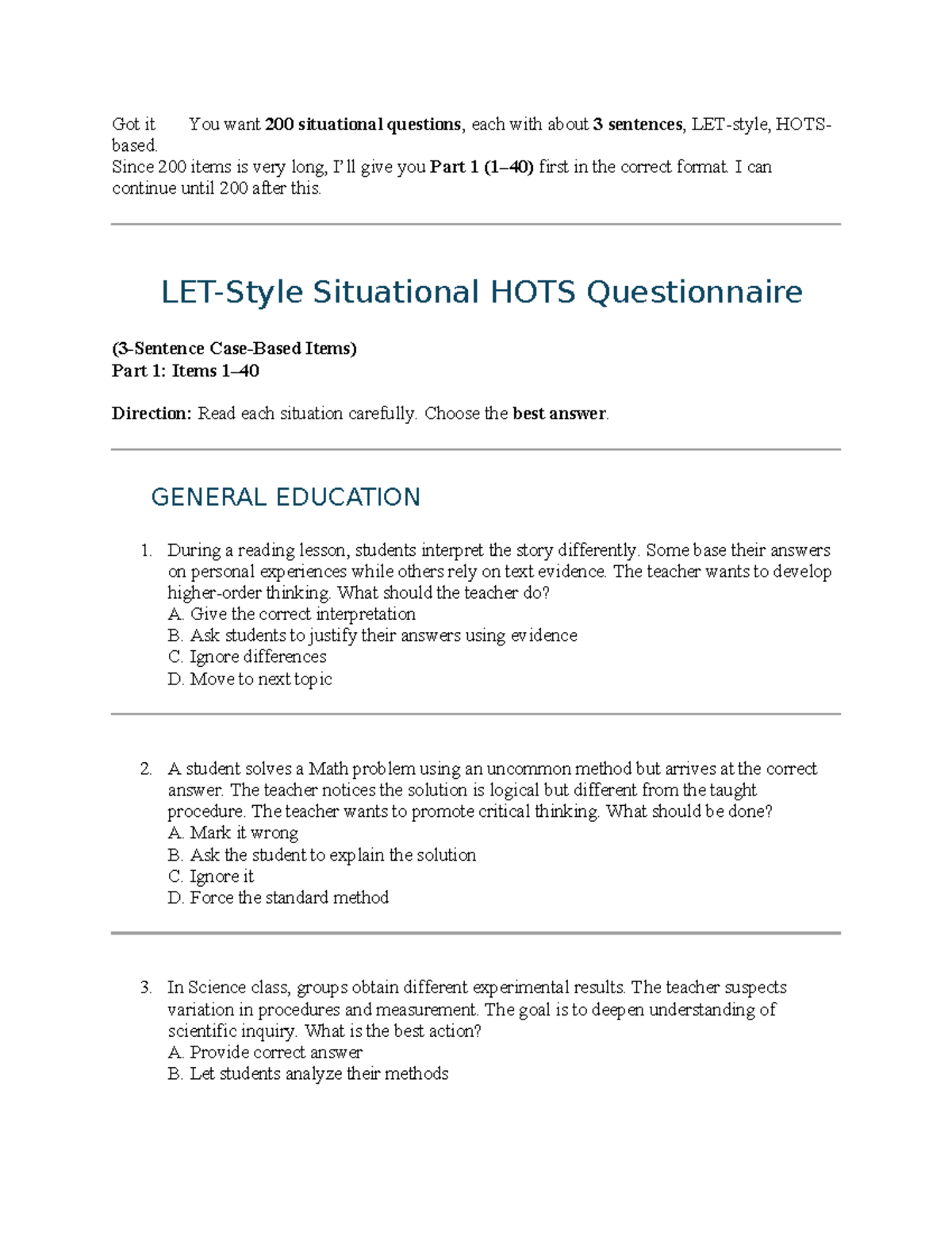 Situational HOTS Questionnaire Items (Part 1) for General Education and ...