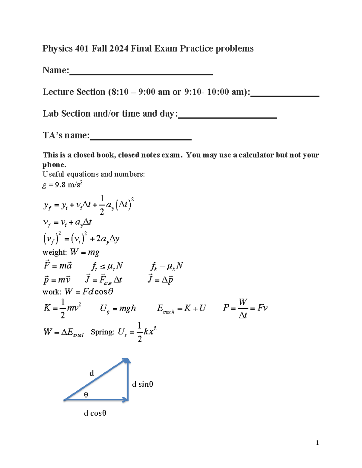 Physics 401 Fall 2024 Final Exam Practice Problems - Studocu