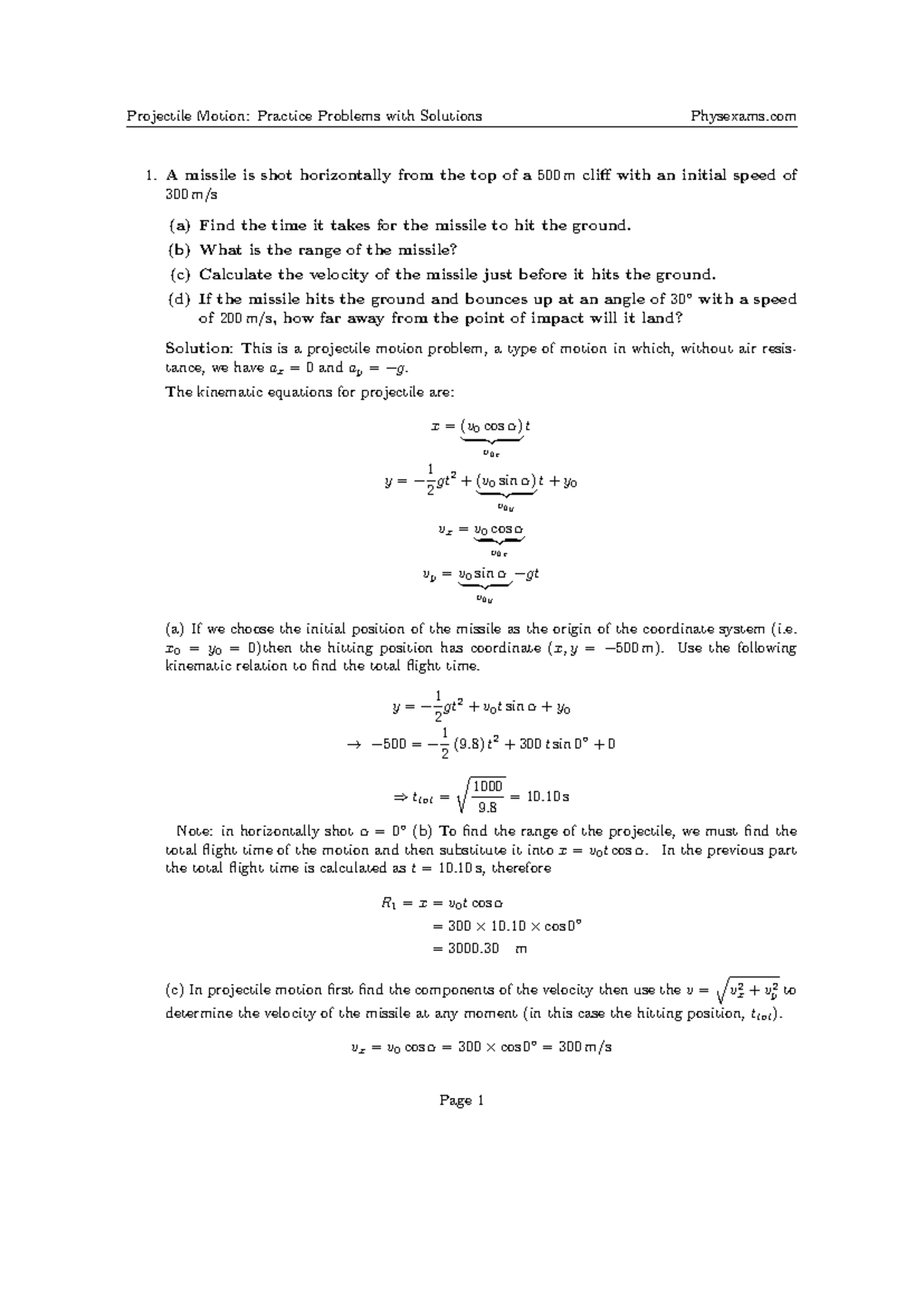 Projectile Motion: Practice Problems with Solutions - Studocu