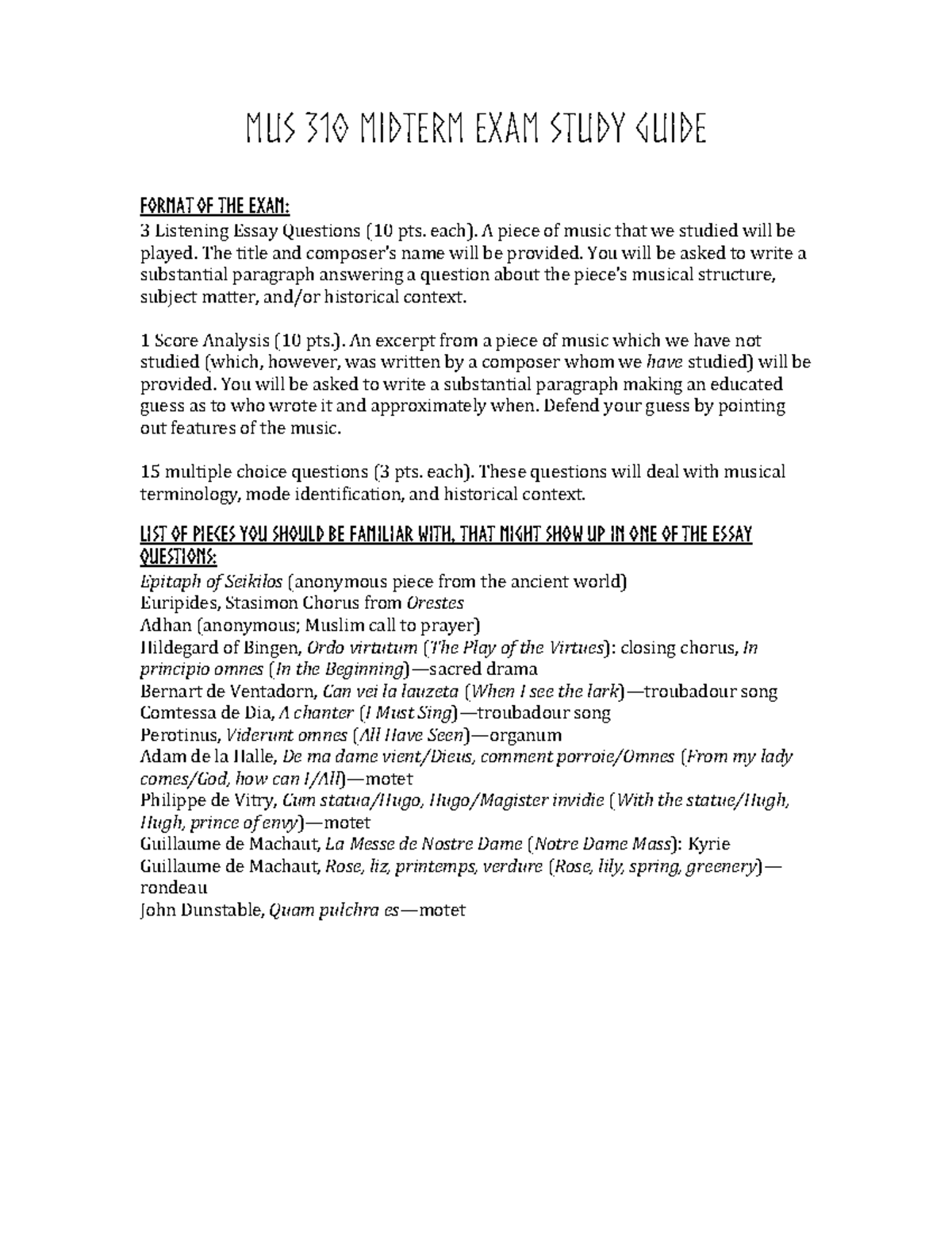 MUS 310 Midterm Exam Study Guide: Key Concepts & Listening Pieces - Studocu