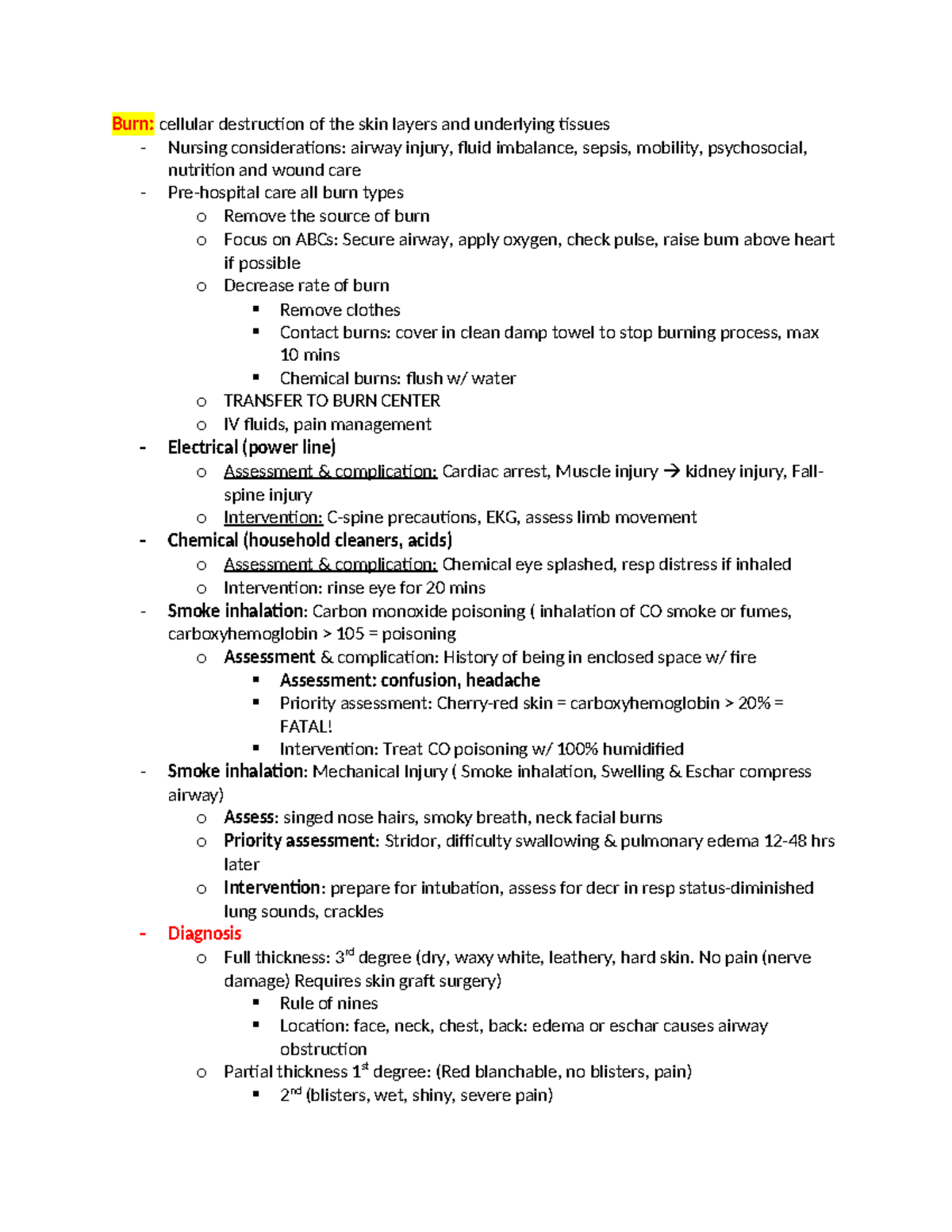 Burns & Shock - Note - Burn: cellular destruction of the skin layers ...