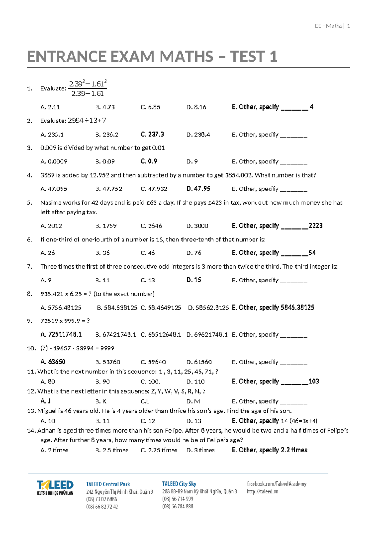 ENTRANCE EXAM MATHS – TEST 1 (EE-Maths-1) - Studocu
