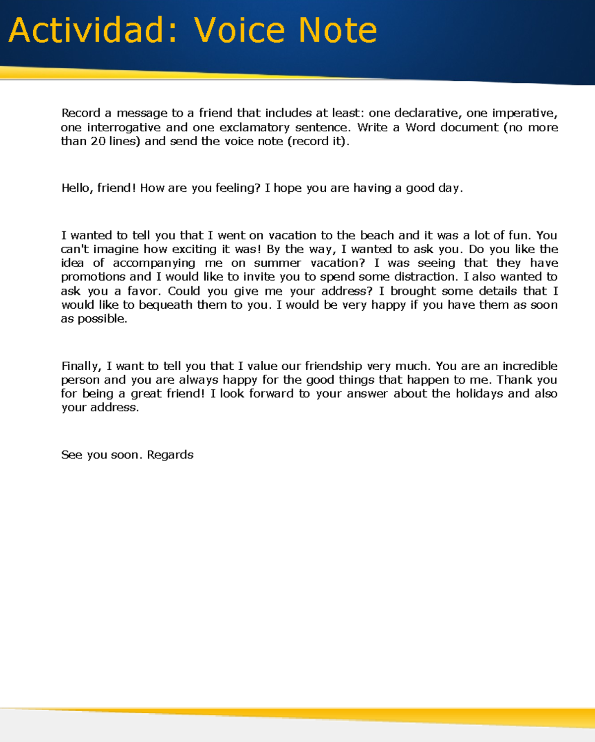 A Voice Note - INGLES - Actividad: Voice Note Record a message to a ...