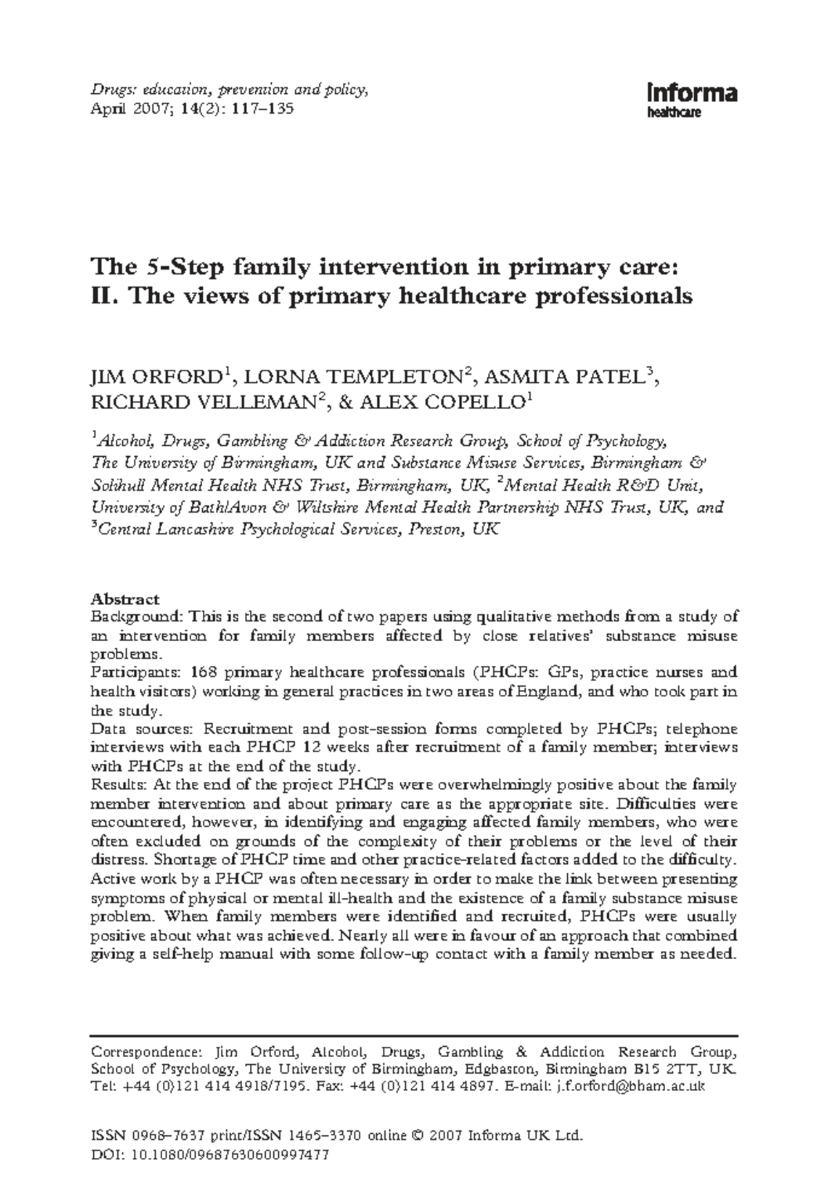 Family Intervention in Primary Care: Insights from Healthcare ...