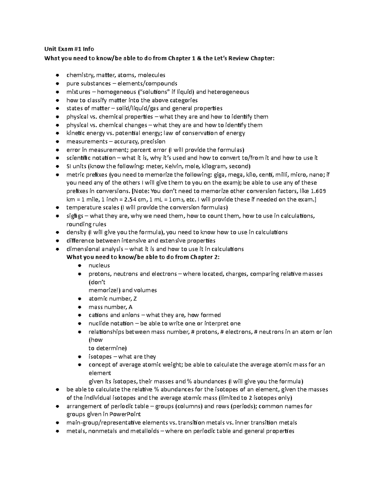 Chem 101 Final Exam Review: Chapters 1 & 2 Key Concepts - Studocu