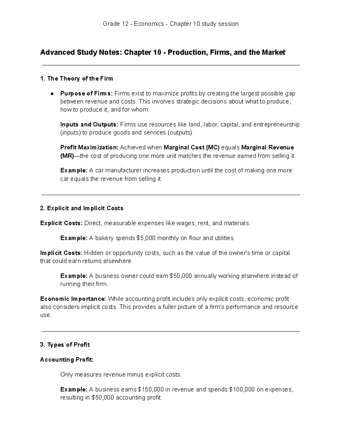 Grade 12 - Economics - Chapter 10 Study Notes on Firms & Markets - Studocu
