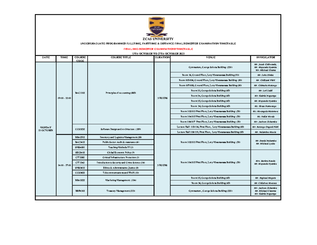 ZCAS University BAC1102 Final Semester Exam Timetable 2025 - Studocu