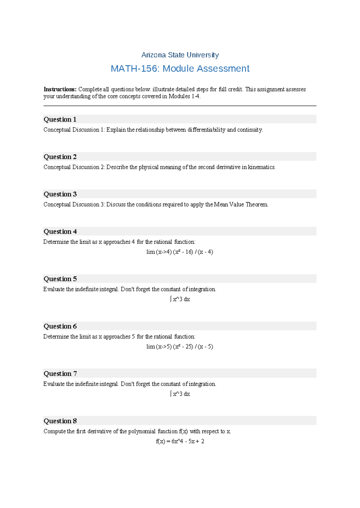 Calculus Module Assessment Instructions: Detailed Steps for Full Credit ...