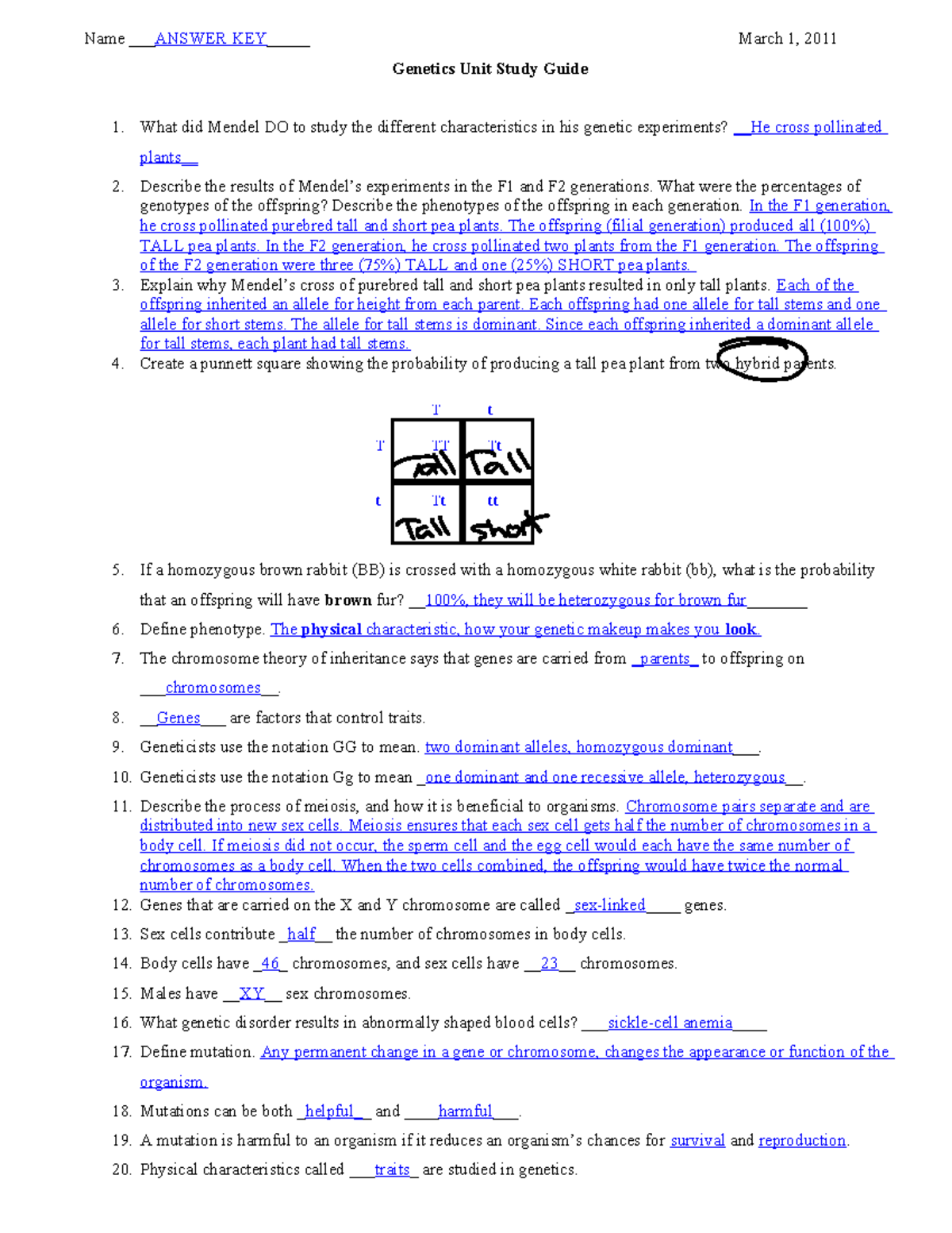 Genetics Unit Study Guide 1: Answer Key & Concepts Review - Studocu