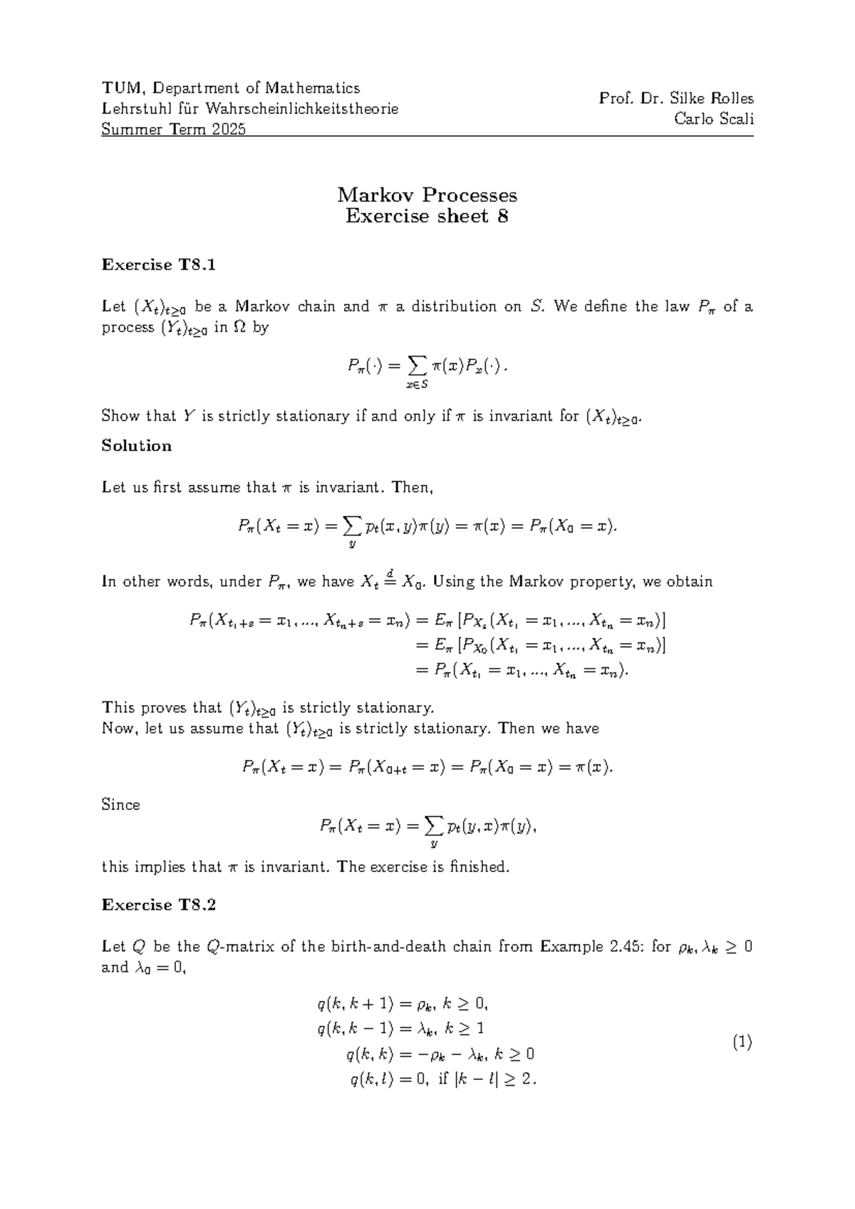 TUM Math 2025: Markov Processes Exercise Sheet 8 Solutions - Studocu