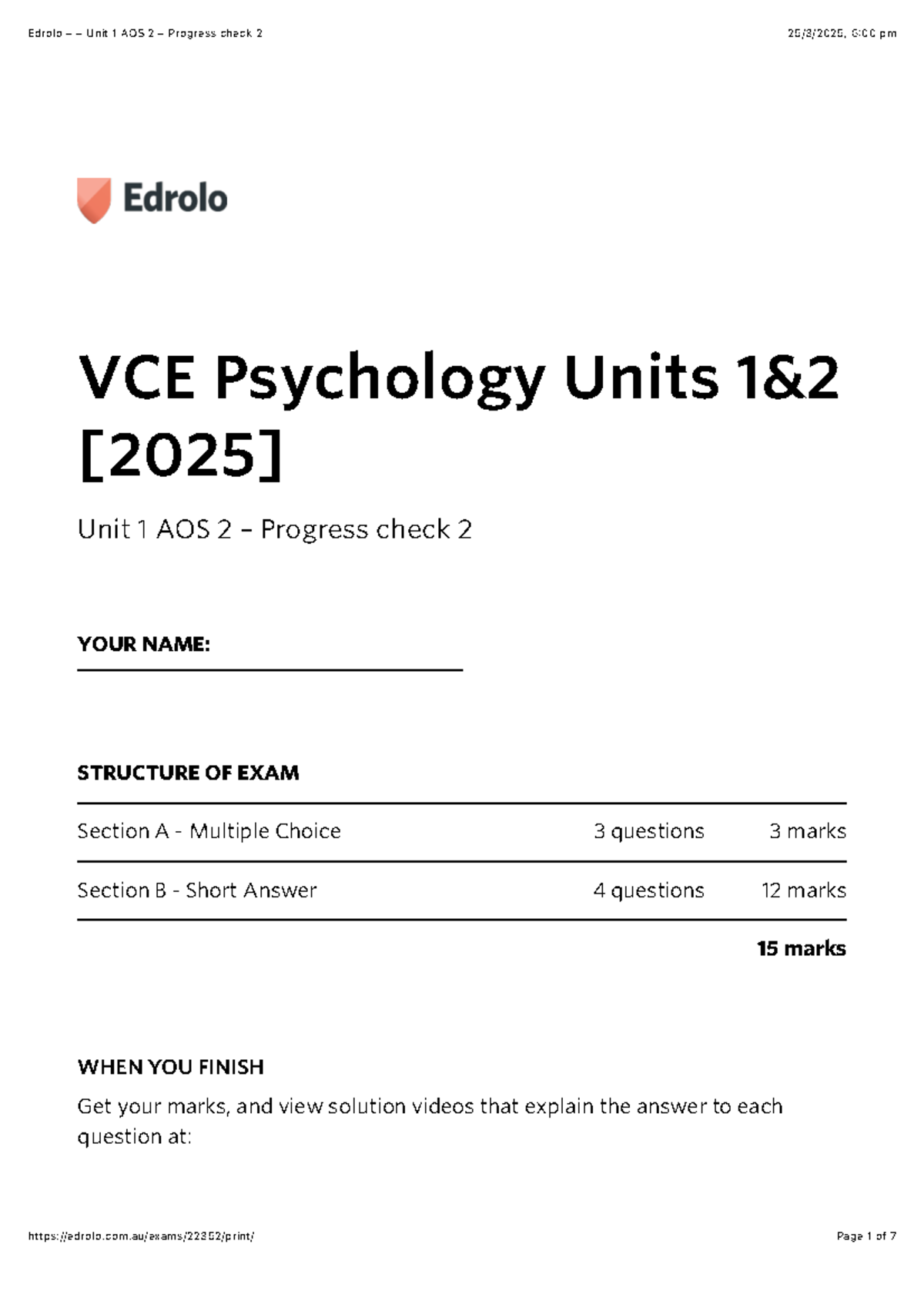 VCE Psychology Unit 1 AOS 2 Progress Check 2 - Exam Structure and ...
