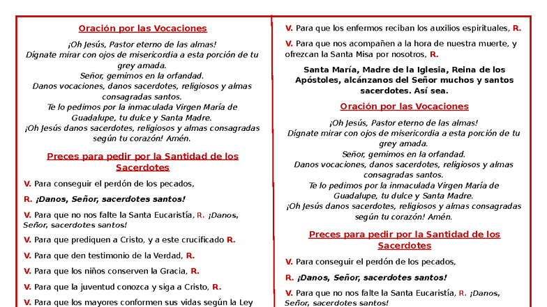 Oración por las Vocaciones y la Santidad de los Sacerdotes - Studocu