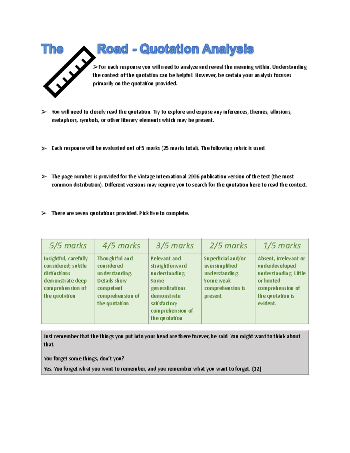 Road Quotation Analysis Questions for Literary Text Study - Studocu