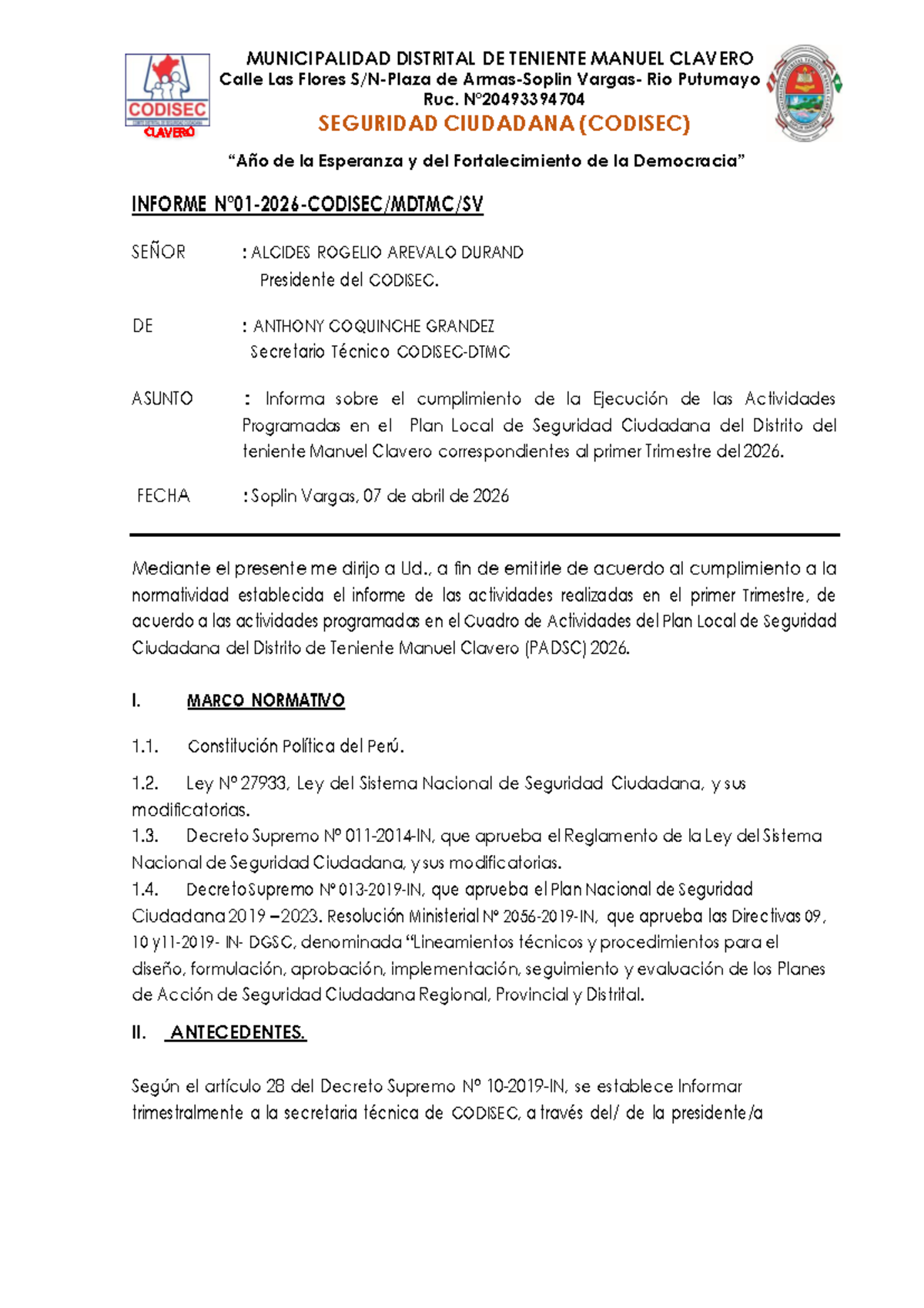 Informe CODISEC - Actividades Primer Trimestre 2026 - Studocu