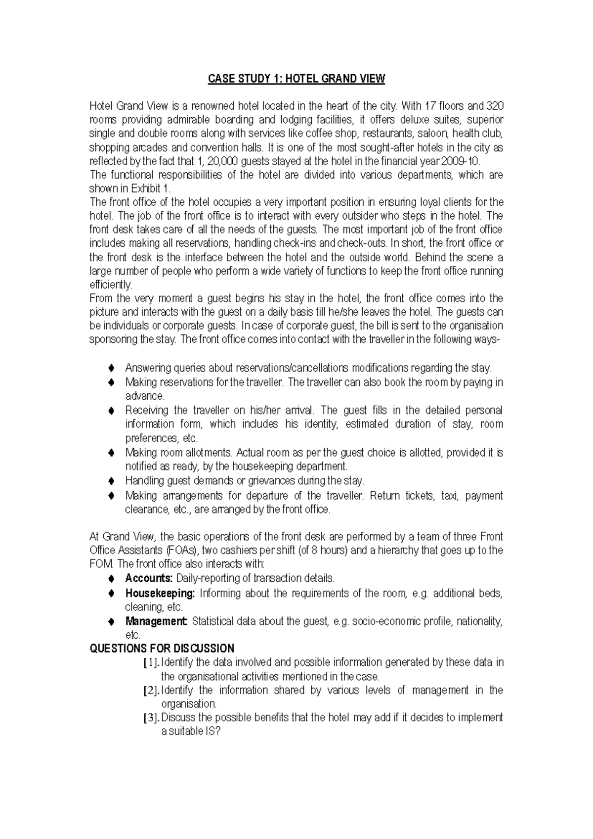 Case Study 1 - Front Office Operations at Hotel Grand View Analysis ...