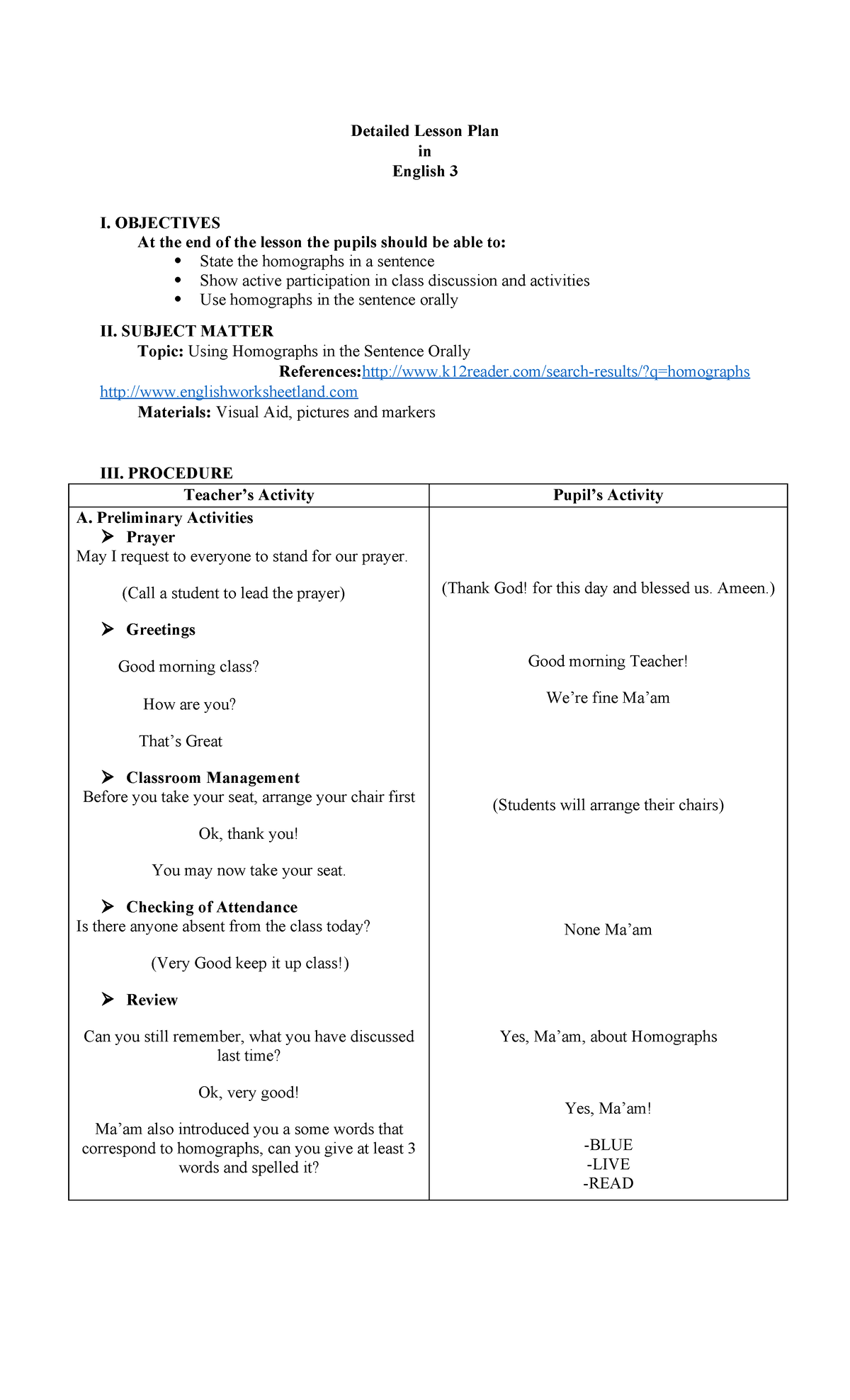 Using Homographs DLP - Lecture Notes - Detailed Lesson Plan in English ...
