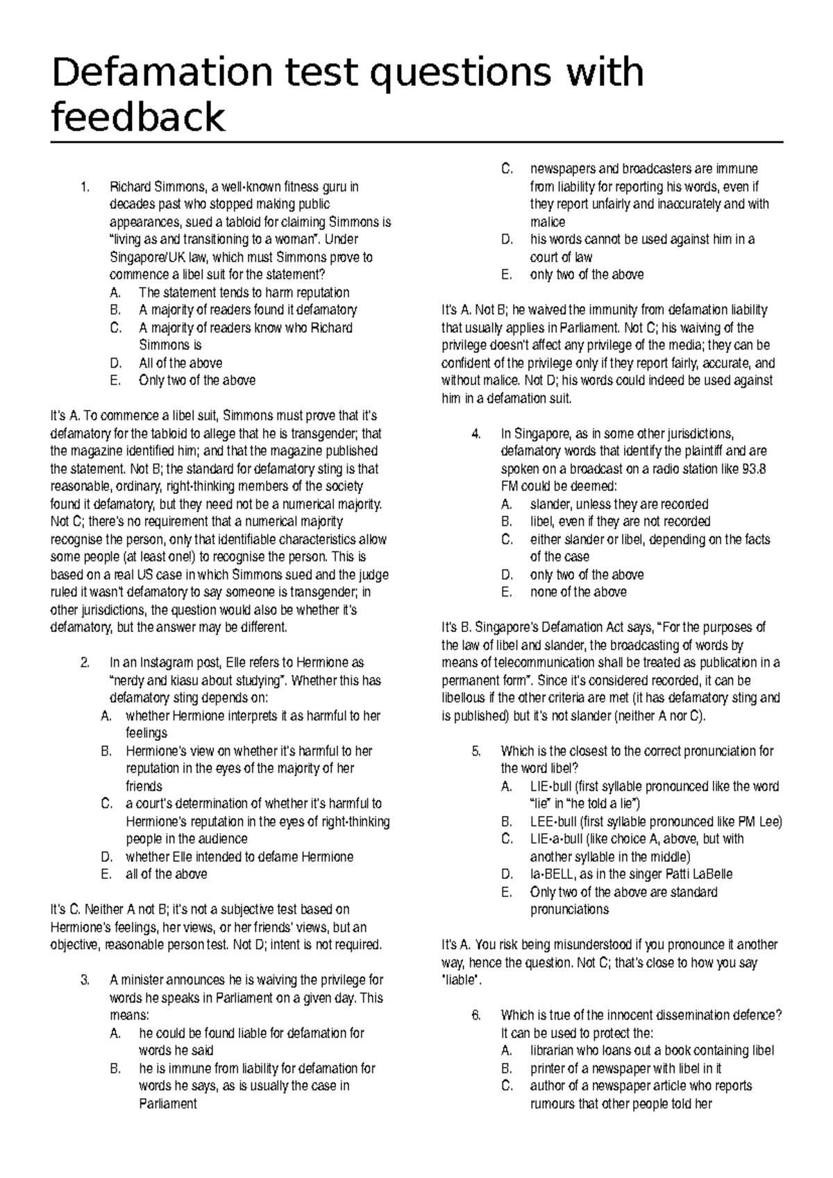 Defamation Test Questions & Feedback (2021 Jan, Law Course) - Studocu
