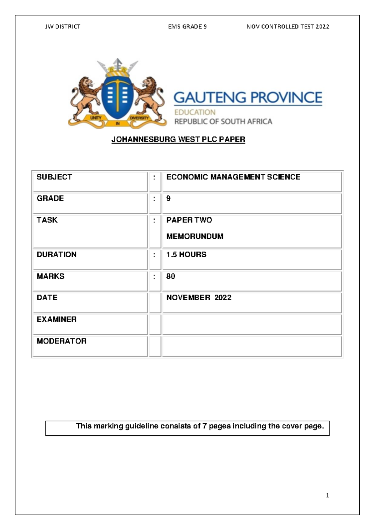 EMS GRADE 9 NOV 2022 CONTROLLED TEST PAPER 2 MEMORANDUM - Studocu